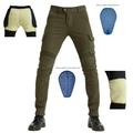 Detalle del pantalón cargo de moto verde militar con rodilleras protectoras azules - XXS / Verde (con equipo de protección CE)
