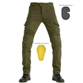 Dettaglio dei pantaloni moto verde militare con protezioni CE rimovibili per ginocchia e fianchi - XS / Verde