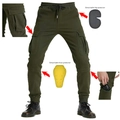 Detail of cargo motorcycle pants with detachable knee and hip protectors in army green - XS / Green