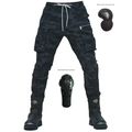 Detail of cargo motorcycle pants with detachable knee and hip armor pads set - EU 26 / Blue Camouflage