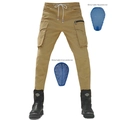 Détail du pantalon cargo moto kaki avec protections amovibles bleues en nid d'abeille - EU 26 / Kaki