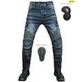 Detail view of motorcycle jeans with detachable CE knee and hip protectors and cargo pockets - XXS / Blue (Upgraded Protectors)