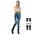 Blaue Motorradjeans für Damen mit Protektoren und dehnbaren Shirring-Einsätzen - EU 25 / Retro Blau (Erweiterter Schutz)