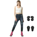 Jeans da moto slim fit da donna blu scuro con dettagli elastici e protezioni rimovibili - XXS / Blu Scuro (Con Protezioni Potenziate)