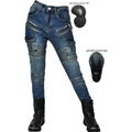 Jeans da moto da donna in denim blu scuro con protezioni rimovibili per ginocchia e fianchi - L / Blu (JES-24)