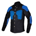 Vista de detalle de chaqueta de moto con protecciones azules de nido de abeja certificadas CE - S / Negro