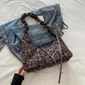 Vintage leopard print hobo bag with pleated shoulder strap and tie detail - Black