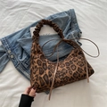 Vintage leopard print tote bag with ruched handles and stylish drawstring details - Dark Brown