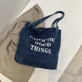 Dark blue denim tote bag with white text print for daily casual use and commuting - Style Three Deep Blue