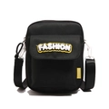 Black canvas shoulder bag featuring white FASHION embroidery and yellow trim accents - Fashion Patch Style / Black