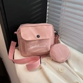 Pink crossbody bag set with small round coin purse featuring white Dachshund text - Pink