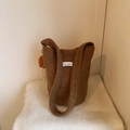 Brown fuzzy fleece bucket tote bag with cute bear charm and woven label detail - Brown with Pendant