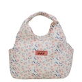 Floral canvas lunch tote bag with pink strawberry label and blue leaf patterns - Style 4