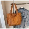 Detailed view of brown corduroy tote bag featuring front snap pocket and ribbed texture - Tan
