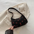 Sac bandoulière en velours côtelé noir à motif fraise rouge et fermeture éclair - Noir