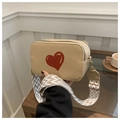Beige pebble leather camera bag with red heart print and geometric wide strap - Khaki