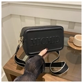 Bolso bandolera de cuero negro con logo MICMID en relieve y correa ancha de tejido - Negro