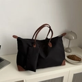 Large black nylon tote bag with brown leather handles and matching small pouch - Black