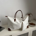 Minimalist white large capacity tote bag with brown leather trim and matching pouch - White