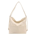 Minimalist cream white large capacity tote bag with soft PU leather and side pockets - White
