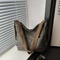 Deep greyish green washed canvas hobo bag with brown wide strap and multi-pocket design - Black