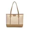 Modische beige gewebte Tragetasche für Damen mit braunen Ledergriffen und großem Design - Beige