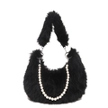Sac hobo minimaliste en fausse fourrure noire avec bandoulière et chaîne perle - Noir