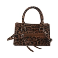 Borsa leopardata in ecopelle con nappe classiche e dettagli in metallo argentato - Marrone