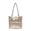 Metallic champagne quilted tote bag with a glossy finish and dual shoulder straps - Gold