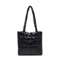 Black glossy quilted tote bag with front pocket and gold buckle for winter fashion - Black