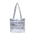 Quilted silver tote bag with metallic finish and front snap pocket for women - Silver