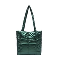 Quilted tote bag in glossy dark green metallic finish with padded shoulder straps - Green