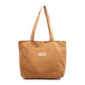 Caramel corduroy tote bag with front pocket and shoulder strap on white background - Brown
