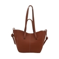 Brown litchi grain leather tote bag with contrast stitching and decorative side knots - Brown