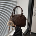Retro dark brown square handbag with lucky embossed letters and plush animal charm - With Pendant / Brown