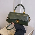 Vintage dark green leather handbag with golden round lock buckle and top handle for women - Green Without Pendant