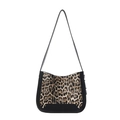 Retro leopard print crossbody bag with black leather trim and adjustable shoulder strap - Black