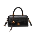 Retro black leather handbag with gold bell pendant and twist-lock for women's daily commute - Black With Pendant