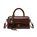 Vintage dark brown oil wax leather crossbody bag with gold hardware and woven charm - Brown with Pendant