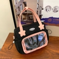 Borsa tote minimalista nera e rosa in tela con tasca trasparente e decoro a stella - Nero