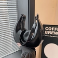 Glossy black crescent shoulder bag with vintage crinkled patent leather finish - Black (Without Pendant)