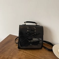 Black school style ita bag with clear window, PU leather and lace-up bow design - Black