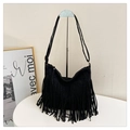 Retro black suede hobo bag with fringe tassels and adjustable shoulder strap - Black