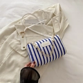 Blue and white striped textured pillow bag with pearl chain and white leather strap - Blue Striped
