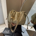 Chic pleated cloud shoulder bag with gold chain and metal ball in light green hue - Green