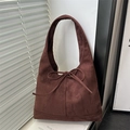 Borsa tote retrò in finta pelle scamosciata marrone scuro con fiocco decorativo - Marrone