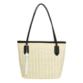Bolso tote grande de paja beige con correas negras y colgante de borla floral - Negro