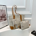Three-piece vintage tote bag set with monogram print and brown faux leather trim - Gray