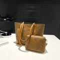 Brown vintage letter print tote bag set with matching inner pouch on minimalist desk - Brown