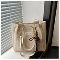 Détail du sac fourre-tout tissé beige avec écusson logo et poignée en chaîne - Avec Pendentif / Blanc
